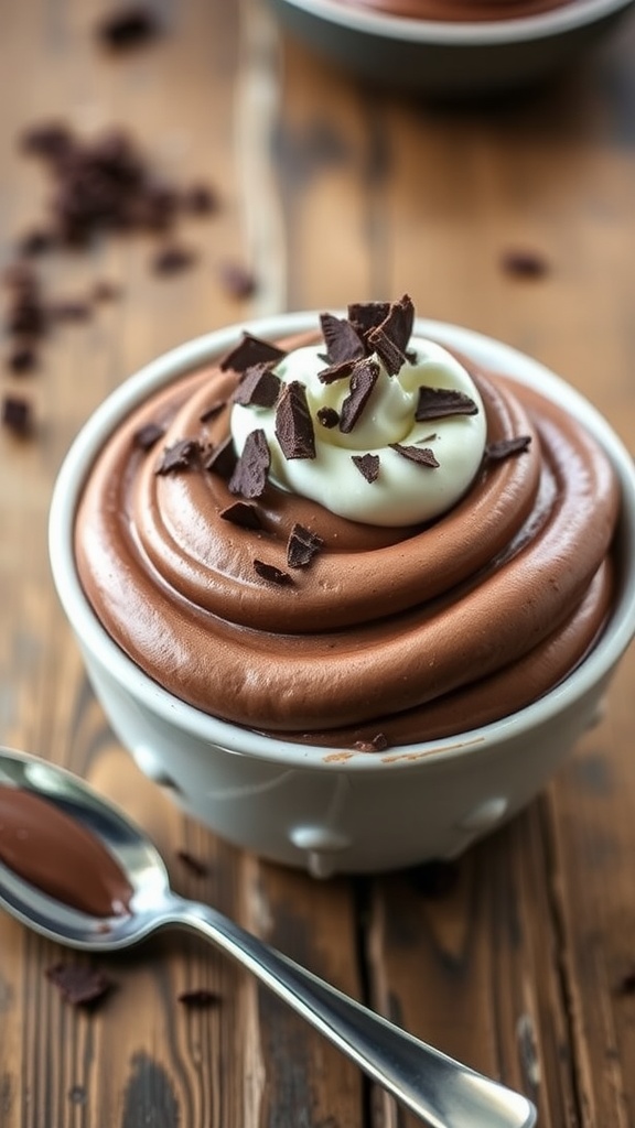 A bowl of keto chocolate mousse topped with whipped cream and chocolate shavings on a wooden table.